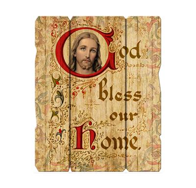God Bless Our Home Vintage Wooden Wall Plaque, 11-1/4"x14", # 1504