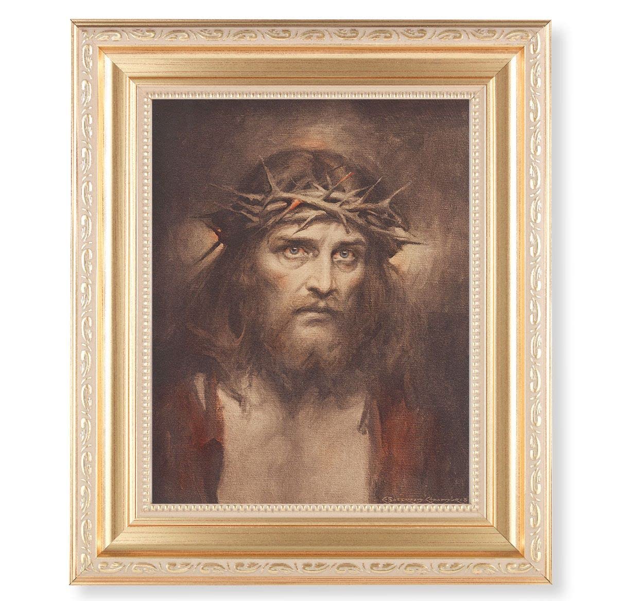 Chambers: ECCE Homo, 11.5"x13.5" Satin Gold Frame, Distressed Finish with Scrollwork, Italian Print Under Glass # 26413