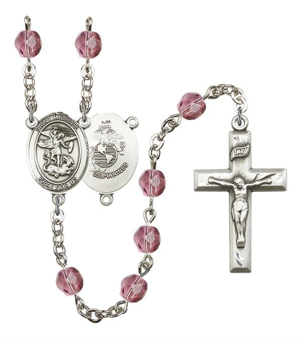 St. Michael U.S. Marines Rosary, 6mm Fire Polished Amethyst Beads, Silver Plate, # 15187