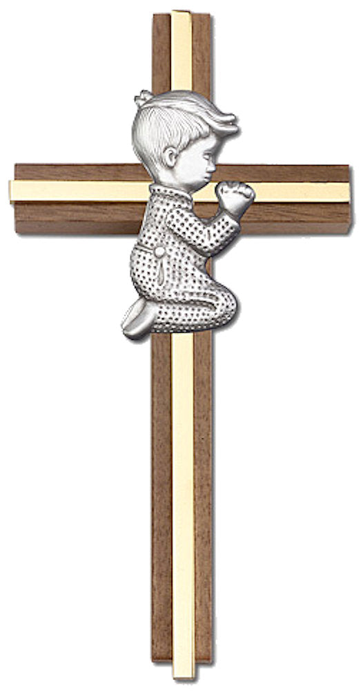 6" Praying Boy Cross, Walnut, Silver-Tone Figure & Polished Brass Inlay, # 1529