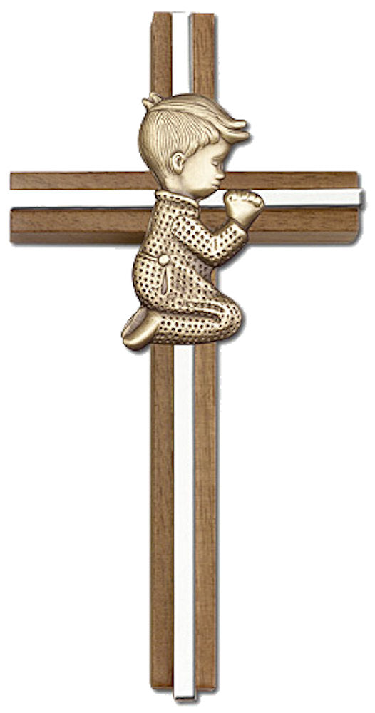 6" Praying Boy Cross, Walnut, Gold-Tone Figure & Nickel Plated Inlay, # 1531