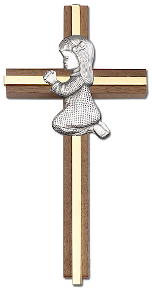 6" Praying Girl Cross, Walnut, Silver-Tone Figure & Polished Brass Inlay, # 1541