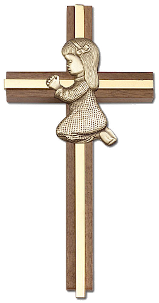 6" Praying Girl Cross, Walnut, Gold-Tone Figure & Polished Brass Inlay, # 1543