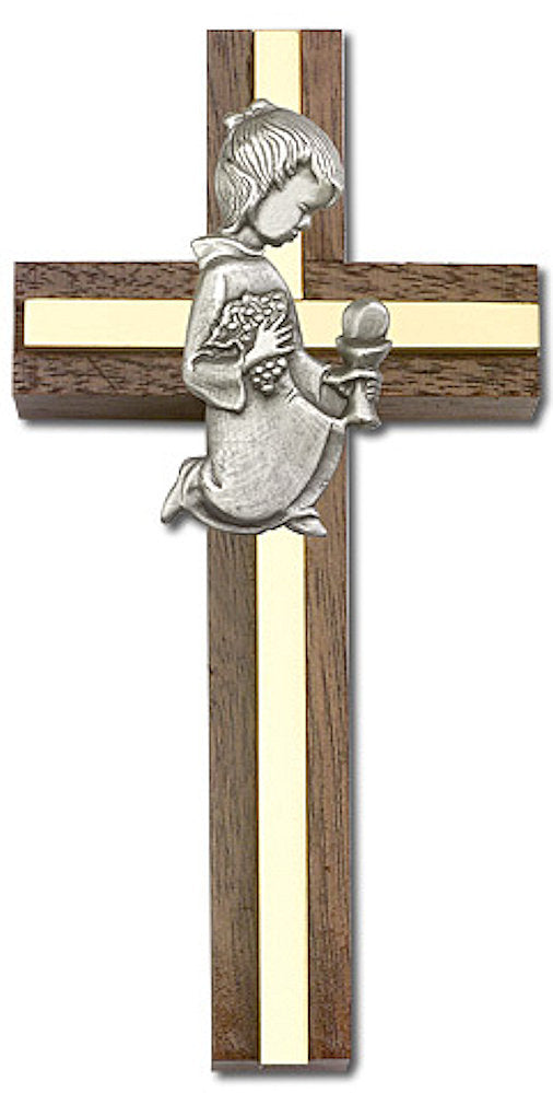 4" First Communion Girl Cross, Walnut w/ Silver-Tone Figure & Polished Brass Inlay, # 1550