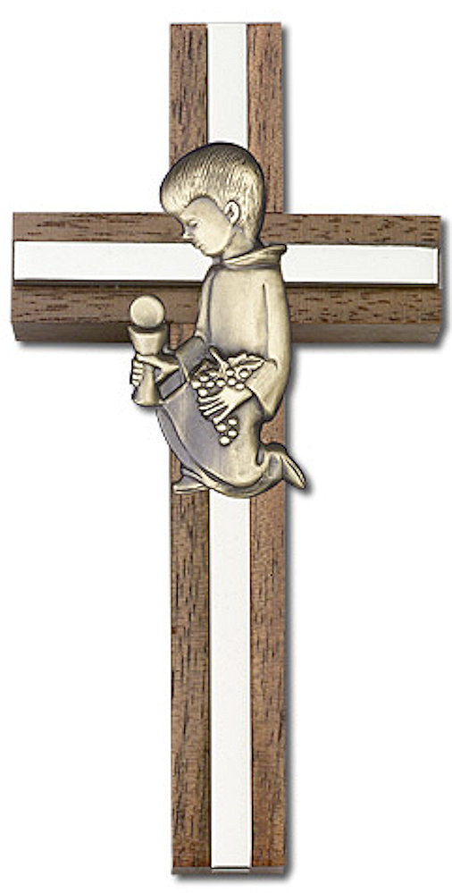 4" First Communion Boy Cross, Walnut w/ Gold-Tone Figure & Nickel Plated Inlay, # 1555