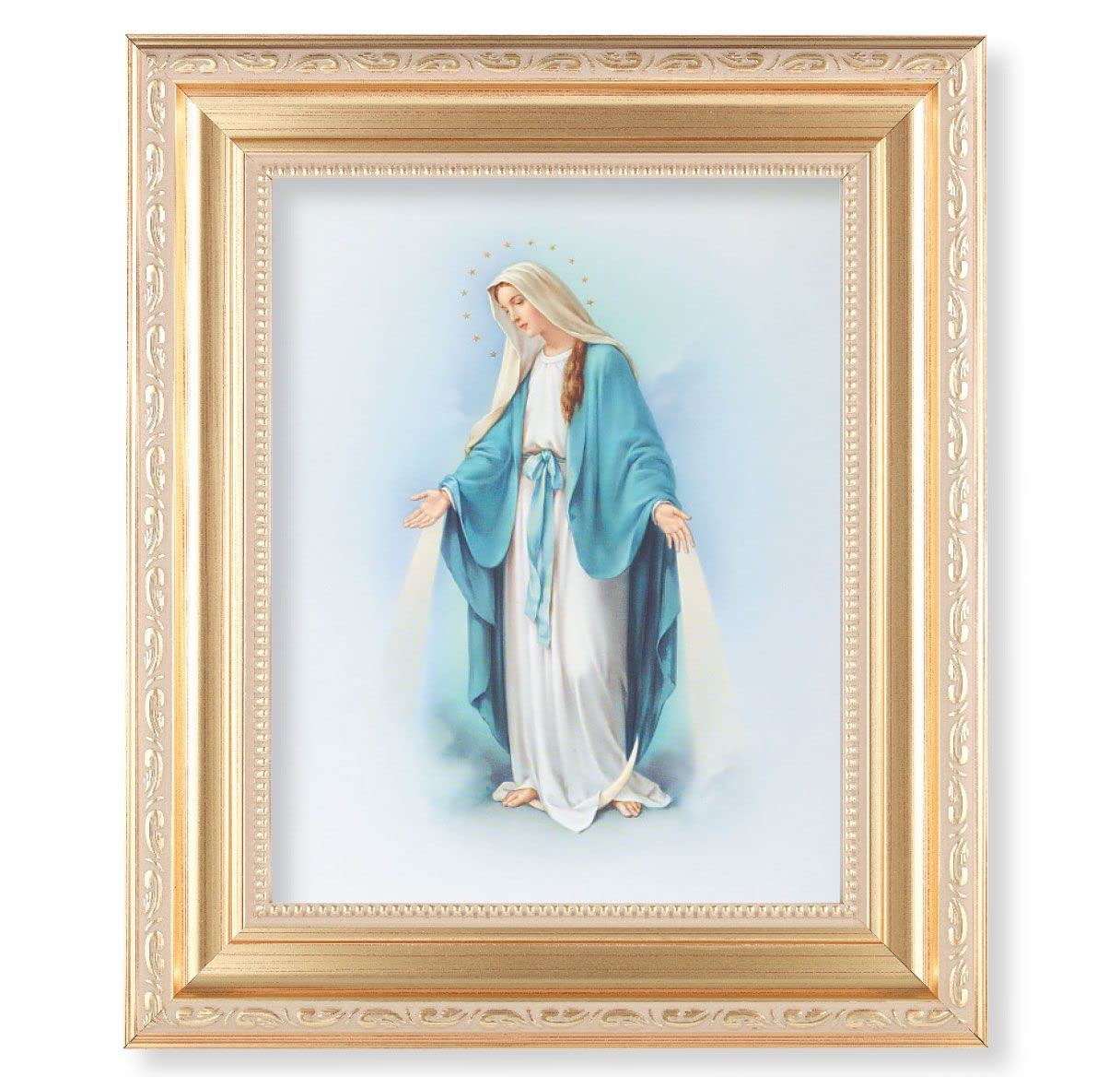 Our Lady of Grace, 11.5"x13.5" Satin Gold Frame, Distressed Finish with Scrollwork, Italian Print Under Glass # 26419
