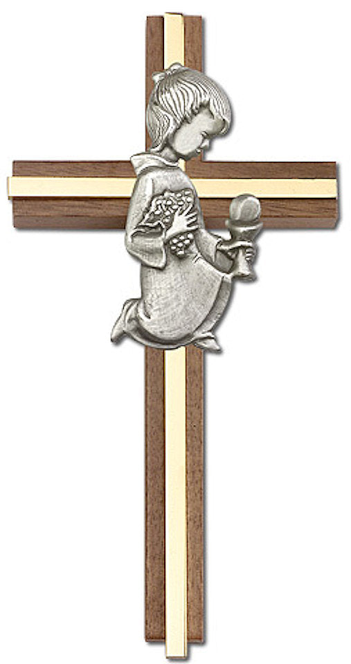6" First Communion Girl Cross, Walnut w/ Silver-Tone Figure & Polished Brass Inlay, # 1564