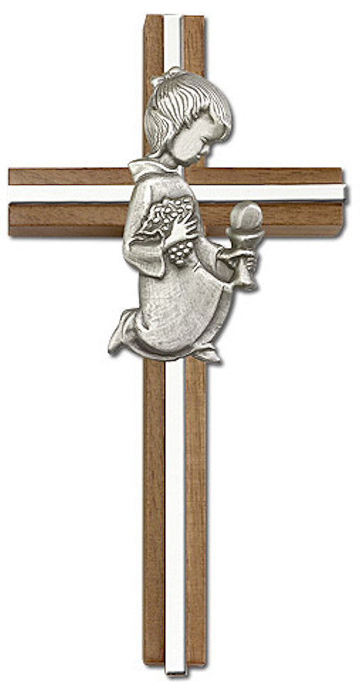 6" First Communion Girl Cross, Walnut w/ Silver-Tone Figure & Nickel Plated Inlay, # 1568