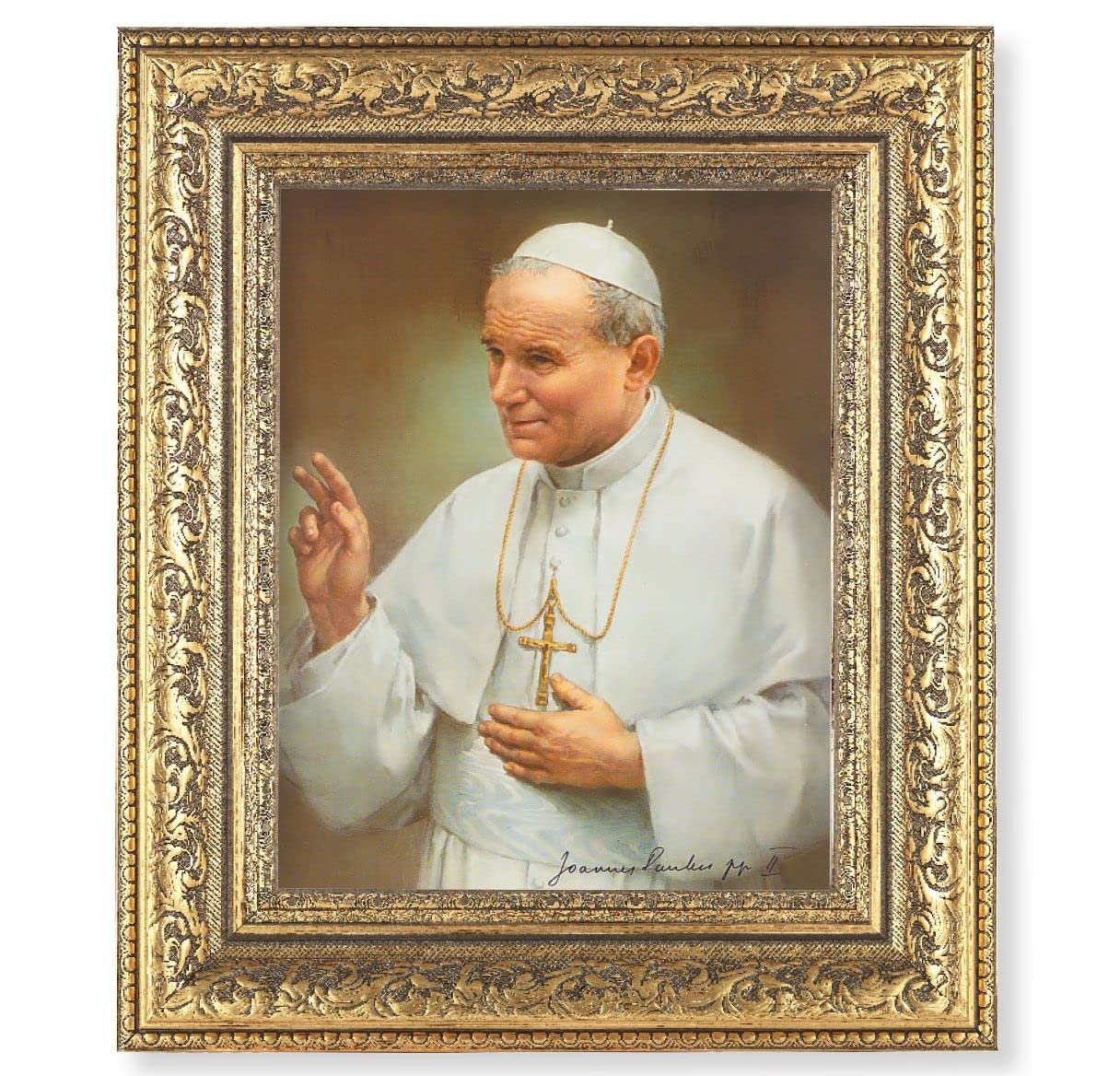 St. John Paul II Picture, 12-1/2"x14-1/2, Antique Gold Leaf Carvings Ornate Frame, Italian Print Under Glass # 25538