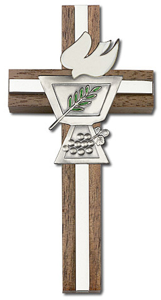 4" First Communion Cross, Walnut w/ Silver-Tone Medallion & Nickel Plated Inlay, # 1579