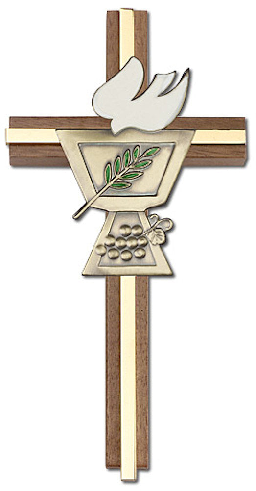 6" First Communion Cross, Walnut w/ Gold-Tone Medallion & Polished Brass Inlay, # 1582