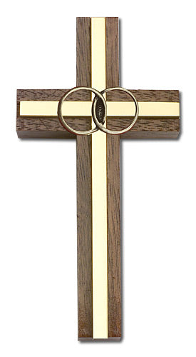 4" Wedding Cross, Walnut w/ Gold-Tone Rings & Polished Brass Inlay, # 1597