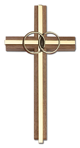 6" Wedding Cross, Walnut w/ Gold-Tone Rings & Polished Brass Inlay, # 1601