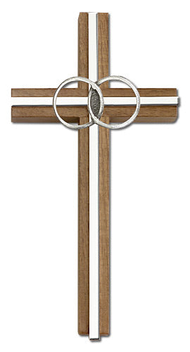 6" Wedding Cross, Walnut w/ Silver-Tone Rings & Nickel Plated Inlay, # 1602