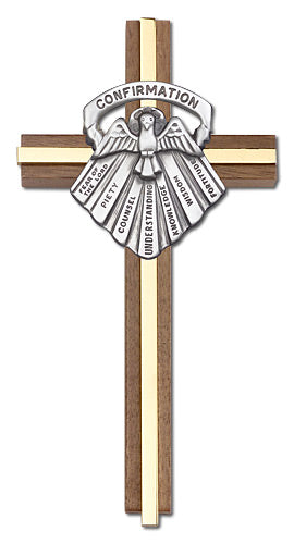 6" Walnut Confirmation Cross, Silver-Tone Medallion on Polished Brass Inlay, # 1620