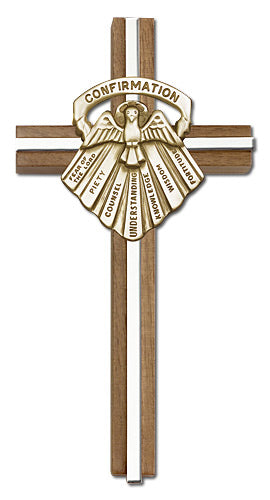 6" Walnut Confirmation Cross, Gold-Tone Medallion on Nickel Plated Inlay, # 1630