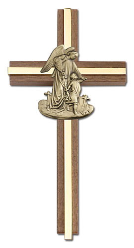 6" Walnut Baptism Cross w/ Guardian Angel, Gold-Tone on Polished Brass Inlay, # 1643