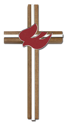 6" Walnut Confirmation Cross w/ Red Dove, Gold-Tone Medallion on Nickel Plated Inlay, # 1648