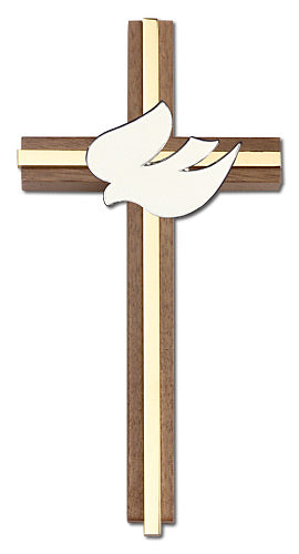 6" Walnut Confirmation Cross w/ White Dove, Silver-Tone Medallion on Polished Brass Inlay, # 1651