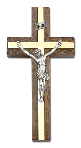 4" Walnut Crucifix, Silver-Tone Figure on Polished Brass Inlay, # 1655