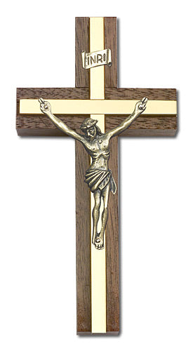 4" Walnut Crucifix, Gold-Tone Figure on Polished Brass Inlay, # 1658