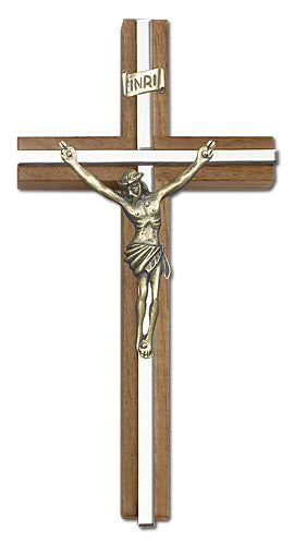 6" Walnut Crucifix, Gold-Tone Figure on Nickel Plated Inlay, # 1661