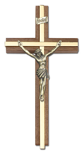6" Walnut Crucifix, Gold-Tone Figure on Polished Brass Inlay, # 1662