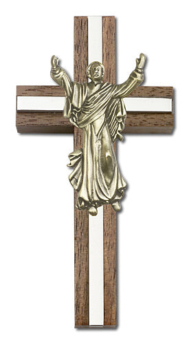 4" Walnut Risen Christ Crucifix, Gold-Tone Figure on Nickel Plated Inlay, # 1665
