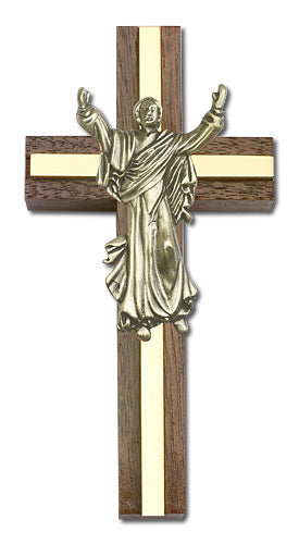 4" Walnut Risen Christ Crucifix, Gold-Tone Figure on Polished Brass Inlay, # 1666