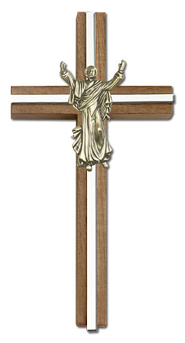 6" Walnut Risen Christ Crucifix, Gold-Tone Figure on Nickel Plated Inlay, # 1670
