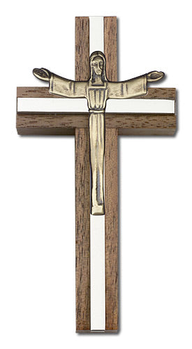 4" Walnut Risen Christ Crucifix, Gold-Tone Figure on Nickel Plated Inlay, # 1675