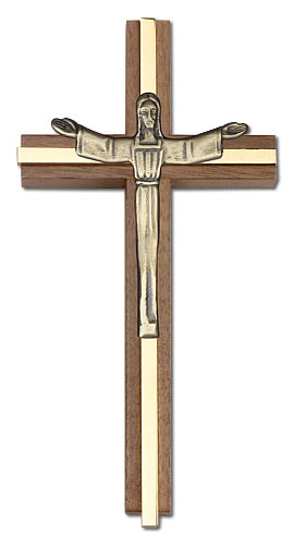 6" Walnut Risen Christ Crucifix, Gold-Tone Figure on Polished Brass Inlay, # 1682