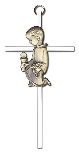 6" First Communion Boy Cross, Gold-Tone Figure on Nickel Plate # 1695