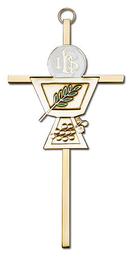 6" First Communion Cross, Gold-Tone Figure on Polished Brass Cross, # 1698