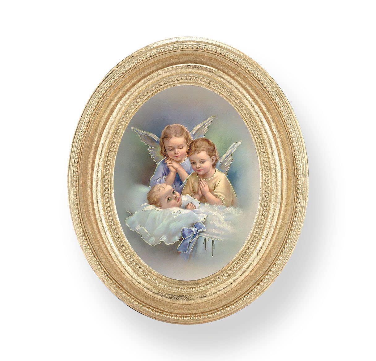 Guardian Angels Over Baby in Crib Picture, Gold Finish 3-3/4"x4-1/2 Oval Frame, Exclusive Gold Stamped Print Under Glass # 28428