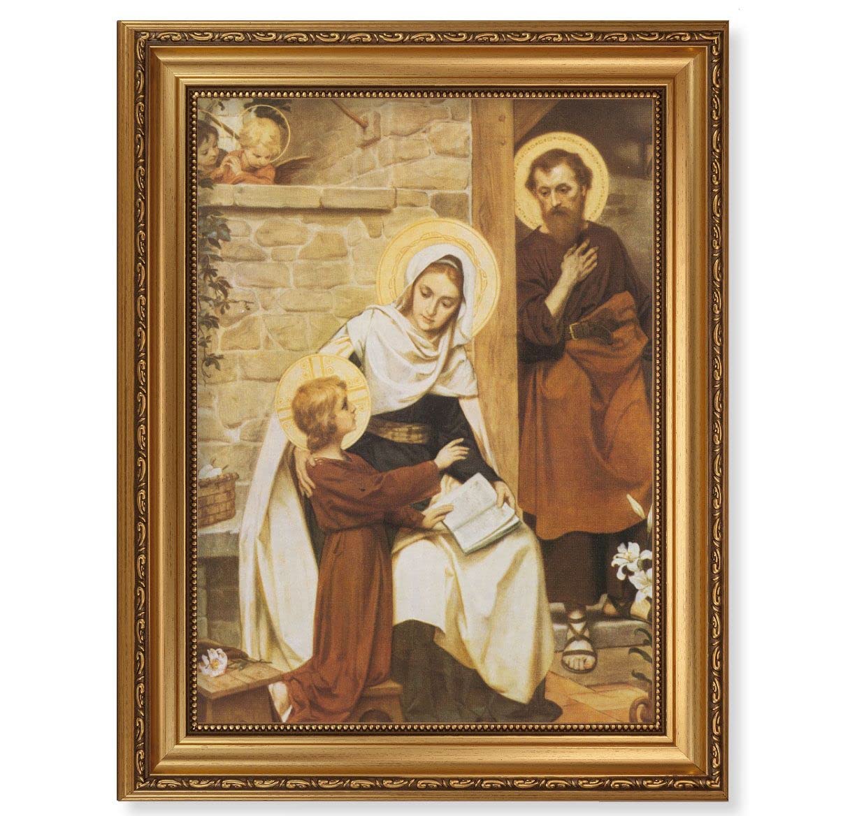 Holy Family in Nazareth Picture, 15-1/2"x19-1/2 Antique Gold Leaf Frame, Acanthus-Leaf Trim, Beaded Lip, Textured Italian Print # 22200