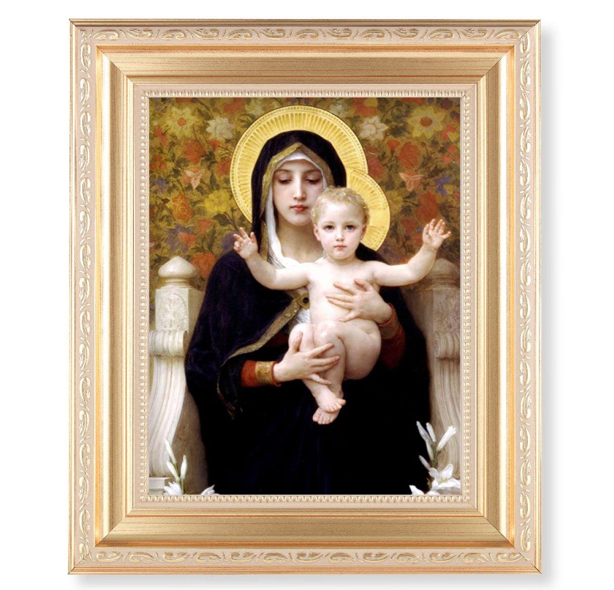 Bouguereau: Madonna of The Lilies, 11.5"x13.5" Satin Gold Frame, Distressed Finish with Scrollwork, Italian Print Under Glass # 26441