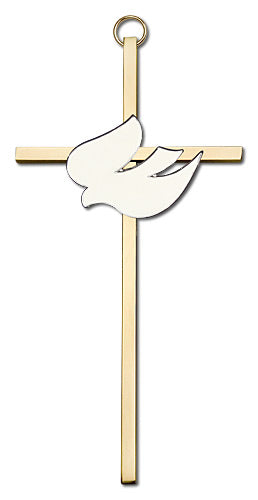 6" White Dove Cross, Gold-Tone on Polished Brass Cross, # 1706