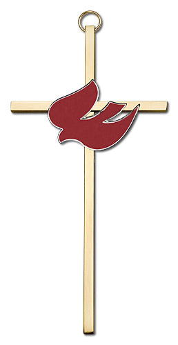 6" Red Dove Cross, Silver-Tone on Polished Brass Cross, # 1708