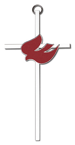 6" Red Dove Cross, Silver-Tone on Nickel Plated Cross, # 1714