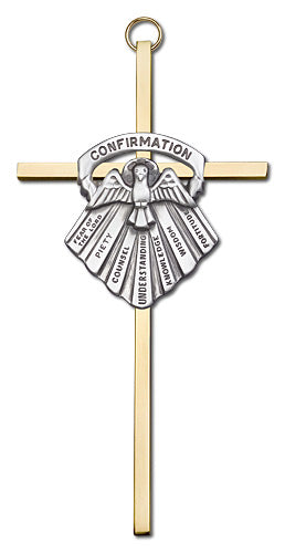 6" Seven Gifts of the Holy Spirit Cross, Silver-Tone Medallion on Polished Brass Cross, # 1726