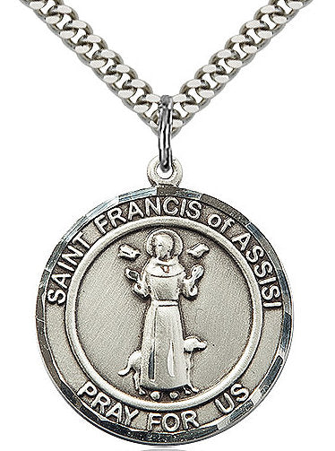 St. Francis of Assisi Medal in Fine Pewter, 3/4" round, Your Choice of Chain # 17284