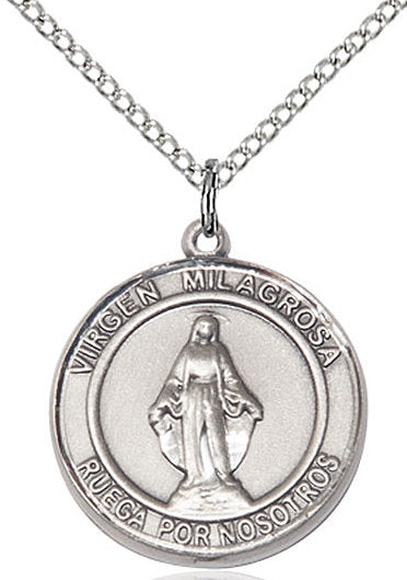 Virgen Milagrosa Spanish Medal in Fine Pewter, 3/4" round, Your Choice of Chain # 17320