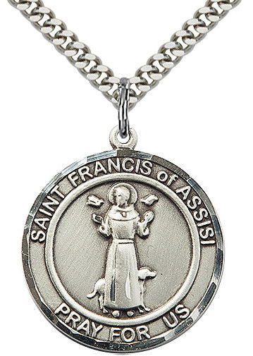St. Francis of Assisi Medal in Fine Pewter, 1" round, Your Choice of Chain # 17329