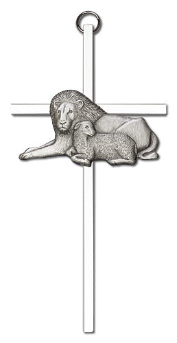 6" Lion with Lamb Cross, Silver-Tone Medallion on Nickel Plated Cross, # 1733