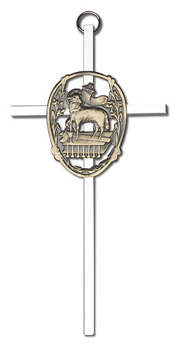 6" Lamb of God Cross, Gold-Tone Medallion on Nickel Plated Cross, # 1738