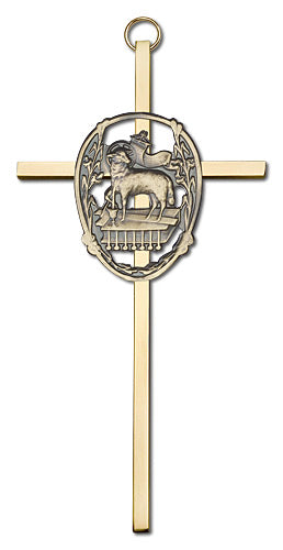 6" Lamb of God Cross, Gold-Tone Medallion on Polished Brass Cross, # 1739