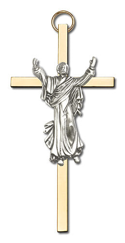 4" Risen Christ Cross, Silver-Tone Figure on Polished Brass Cross, # 1741