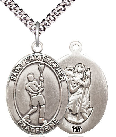Lacrosse / St. Christopher Medal in Fine Pewter, 1", Your Choice of Chain # 17416
