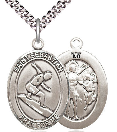 Surfing / St. Sebastian Medal in Fine Pewter, 1", Your Choice of Chain # 17481